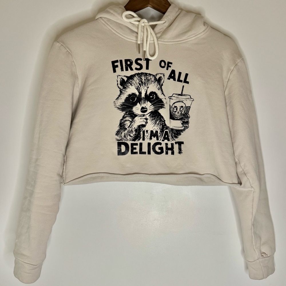 Small Cream Cropped Raccoon Graphic Hoodie First of all I’m a Delight Rocket